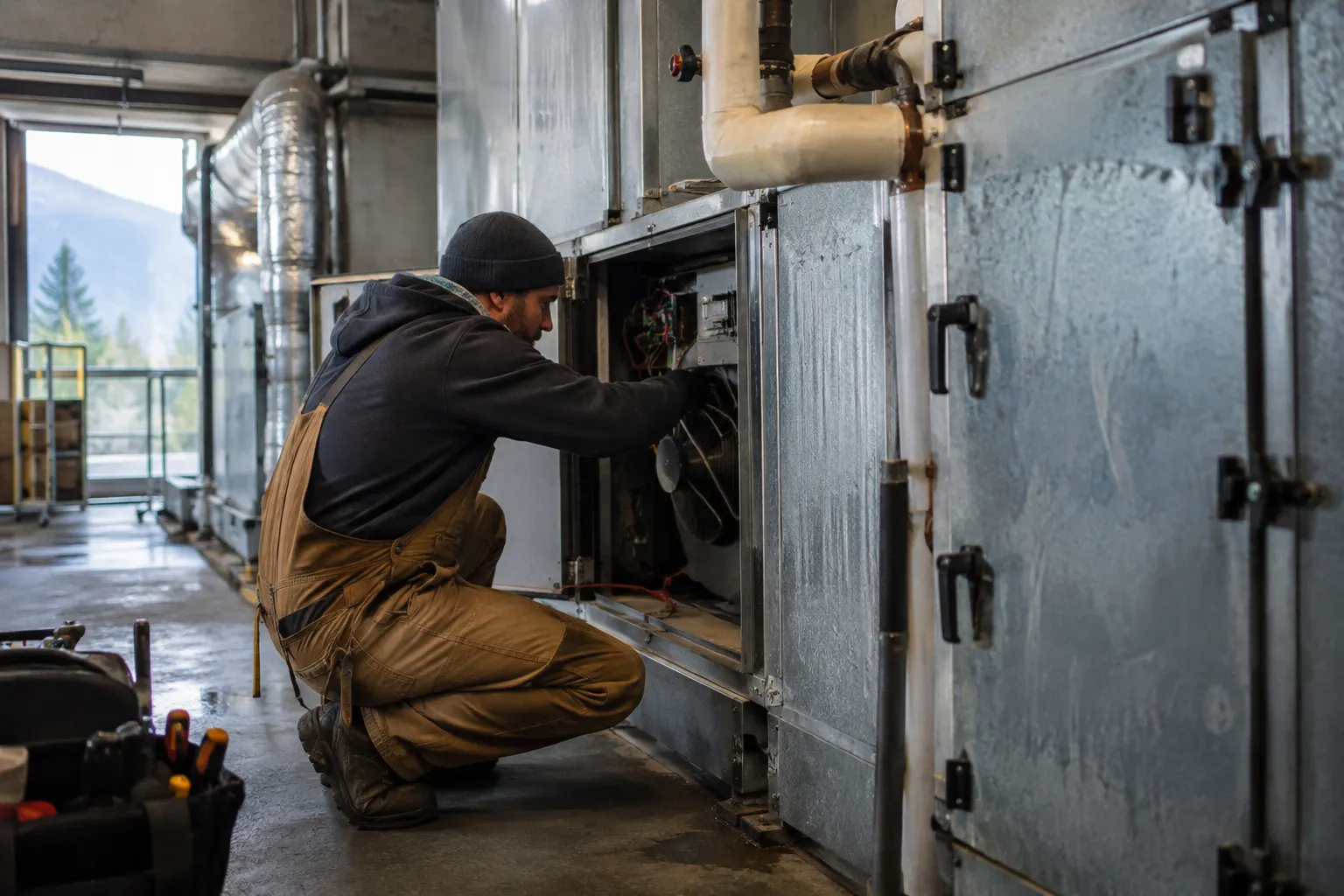 Technician servicing a commercial air handling unit in a mechanical room