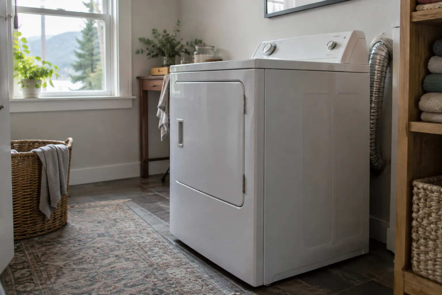 Laundry room in a residential home with a dryer and visible vent connection