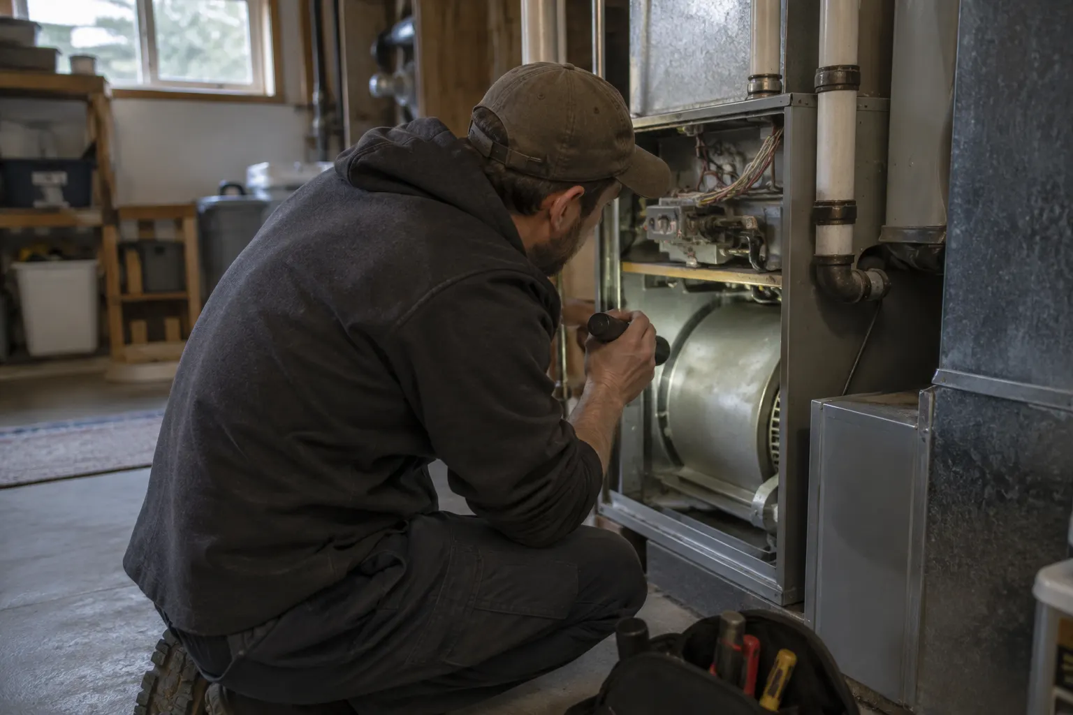 Technician inspecting the inside of a residential furnace