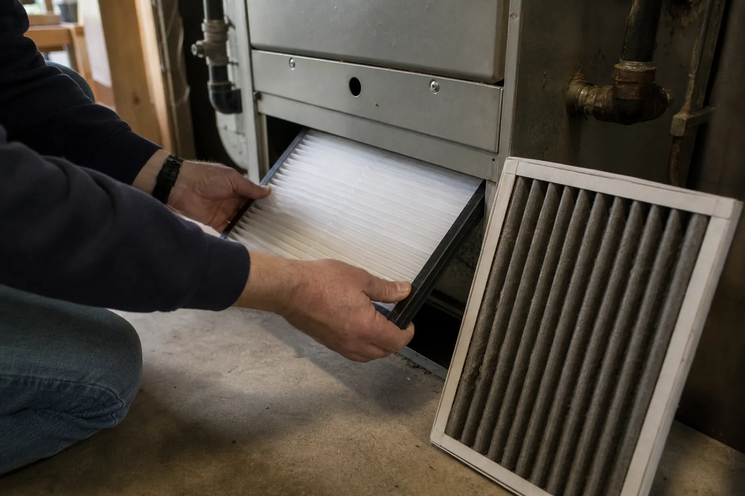 Swapping a dust-loaded furnace filter for a new pleated filter
