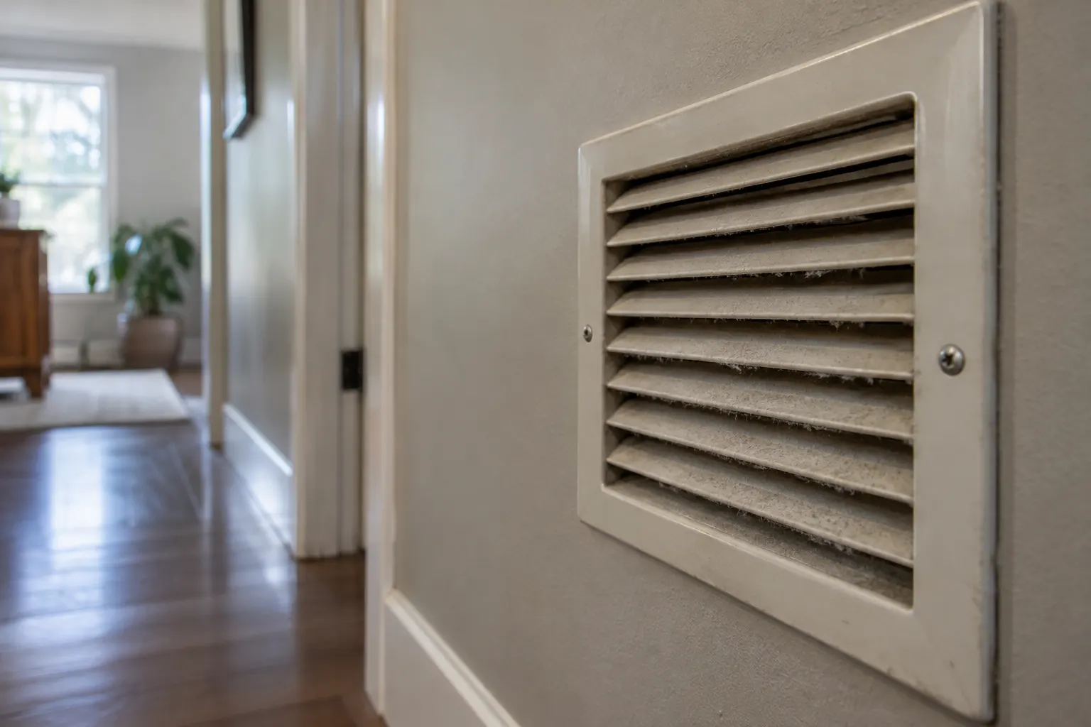 Dusty residential ventilation grille on a wall, showing dust buildup between the slats